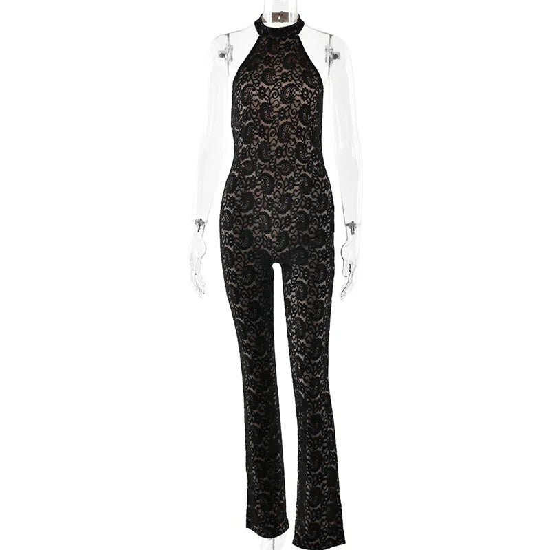 Lace Backless Sexy Jumpsuit Women Rompers Halter Off-shoulder Sleeveless Skinny Club Party Jumpsuits Female Clothes