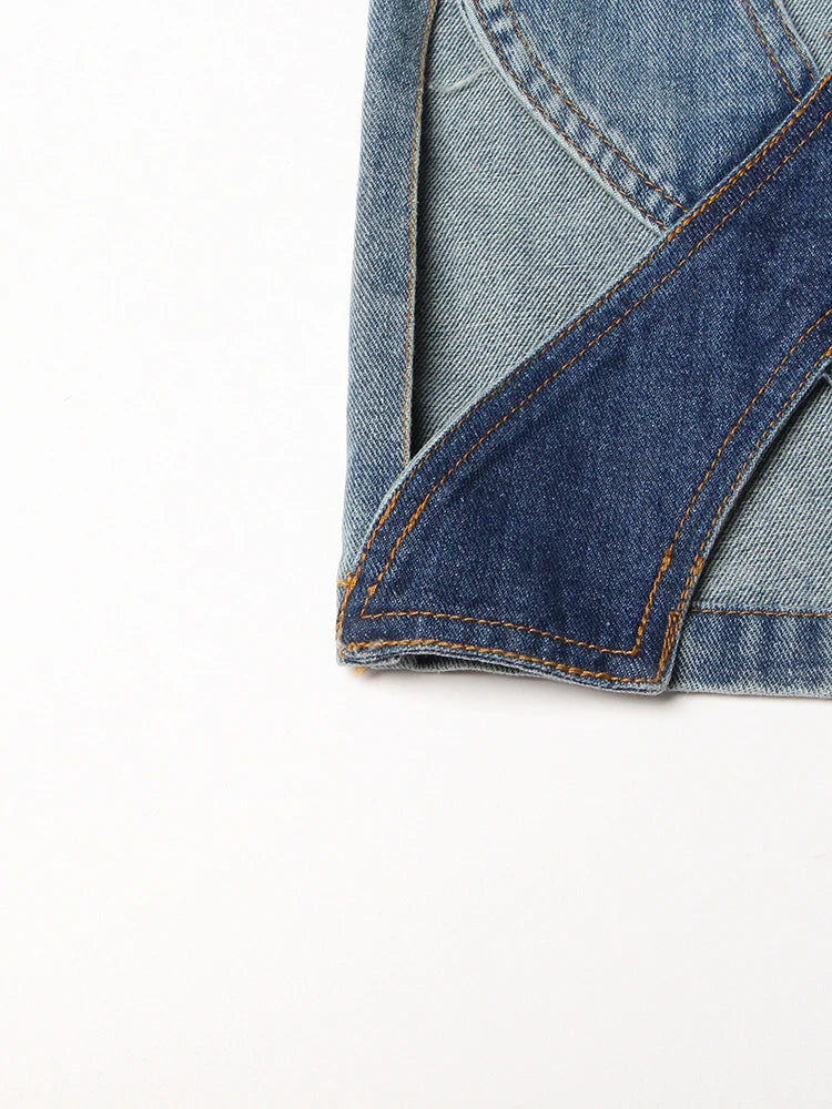 TWOTWINSTYLE Calça jeans feminina com zíper e patchwork, cintura alta, vazada, casual, perna larga, roupa feminina, nova moda