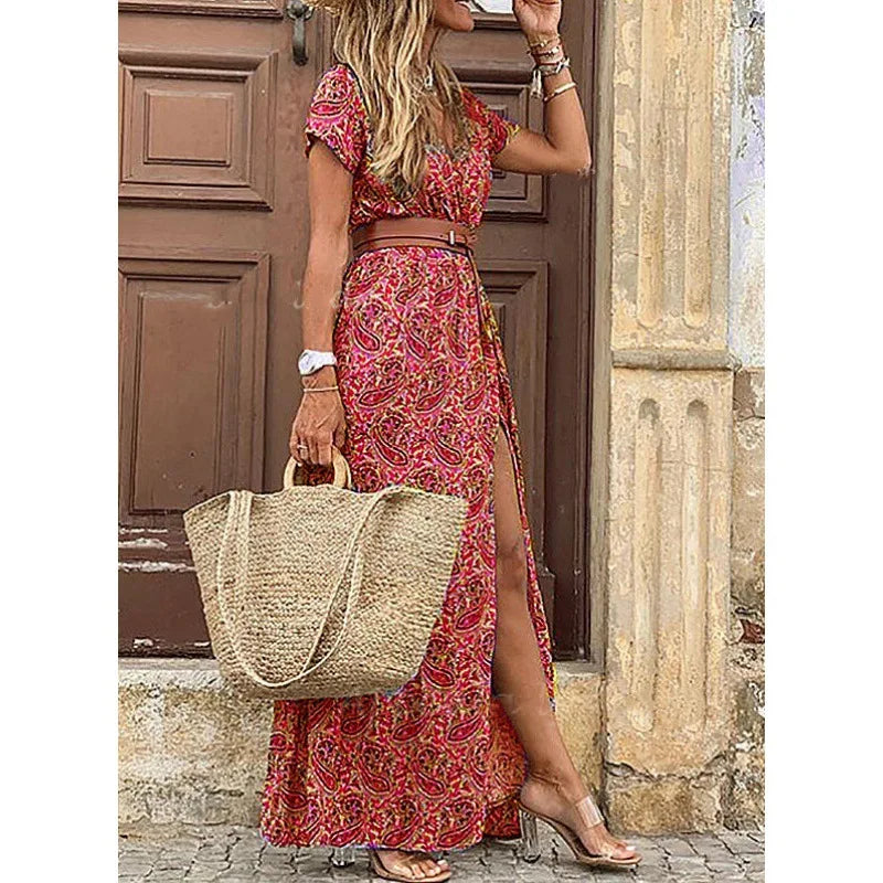 Women Sexy Casual Elegant Holiday Dress Summer Trend V-Neck High Slit Irregular Midi Dress Retro Vintage Print Slim With Belt - CRAVO ROSE