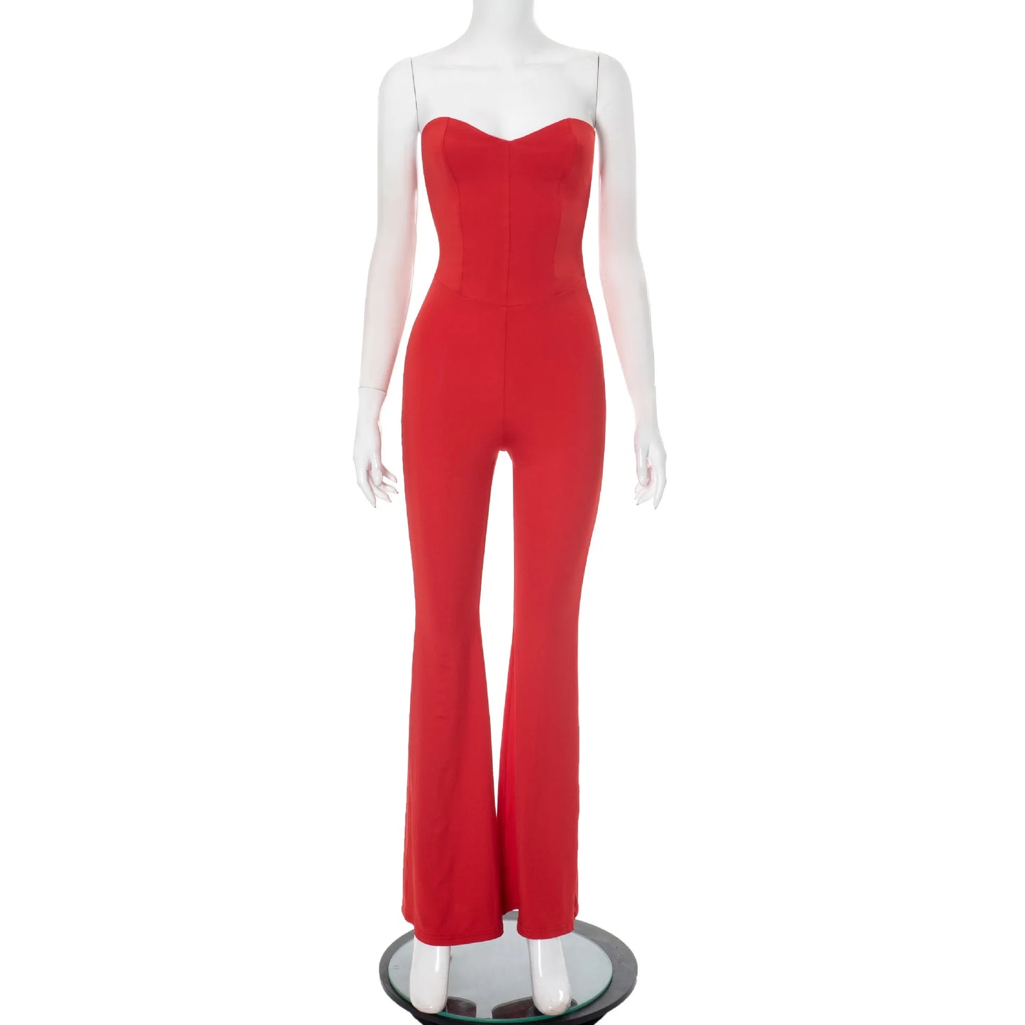 2025 Summer Women's Solid Color Back Strap Strapless Strapless Open Shoulder Tight Micro Flared Pants Jumpsuit