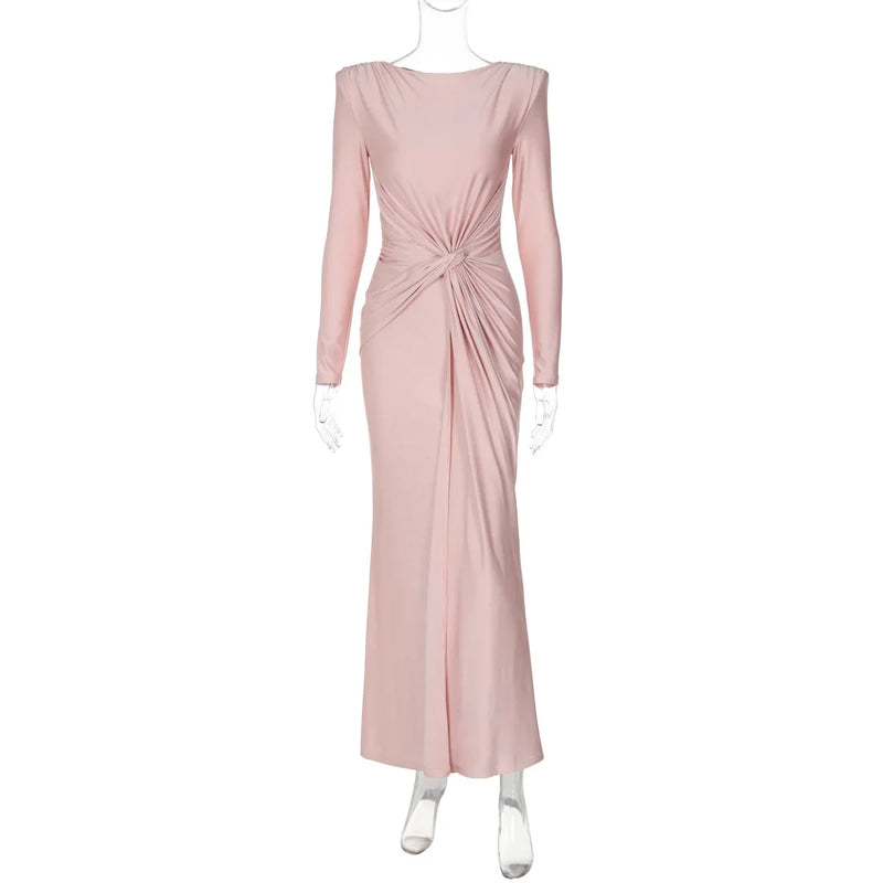 Elegant High Waist Folds Long Maxi Pink Dresses for Women 2025 Chic O-neck Long Sleeve Tunics Slim Solid Party Evening Dress