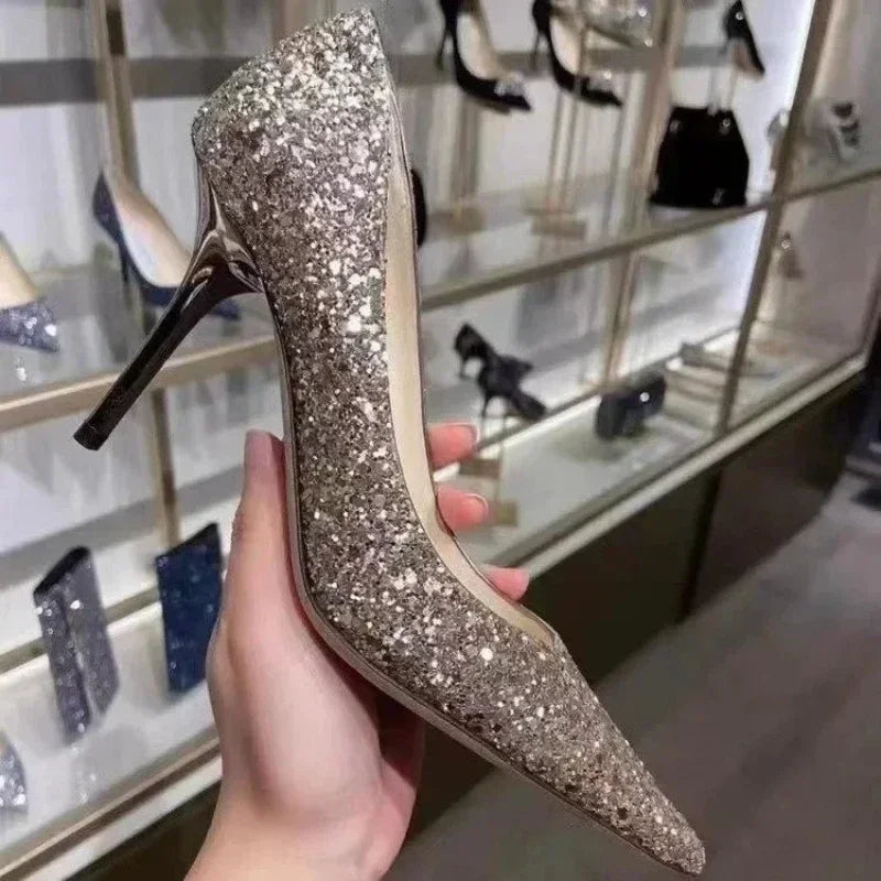 Sapatos de salto alto femininos dourados para casamento, saltos de noiva, sandálias de festa elegantes de grife, vestido, banquete, lantejoulas, sandálias de tacón