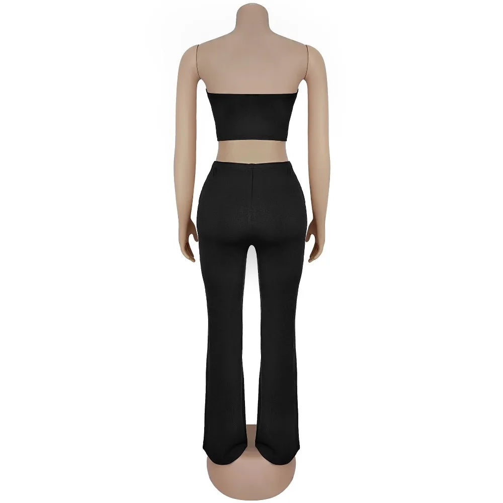 FLARORA Fashion Metal Ring Holes 2 Pcs Sets Woman Sleeveless Hollow Out Crop Tops And High Waist Flare Pants Elegant Streetwear