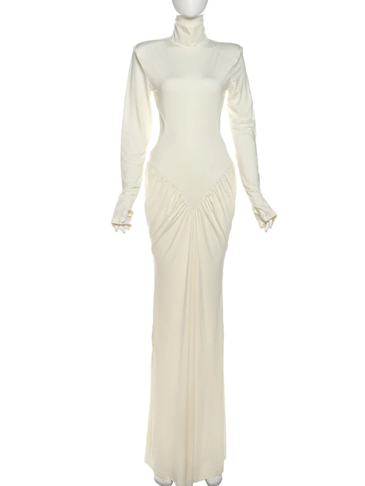 Weird Puss Backless Maxi Dress Women Shoulder Pads Long Sleeve Waistless Peach Buttocks Ruched Elegant Banquet Skinny Vestidos
