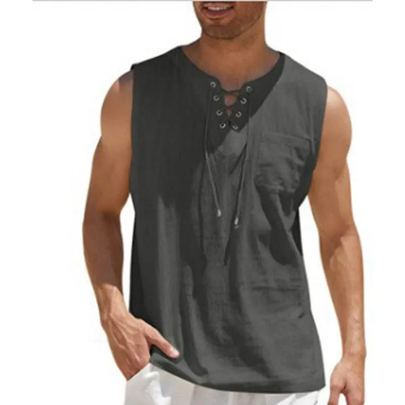Camisas de linho de verão masculinas, colete casual sem mangas, blusa com cadarço, gola V retrô, camisa solta da moda, camiseta masculina de cor sólida