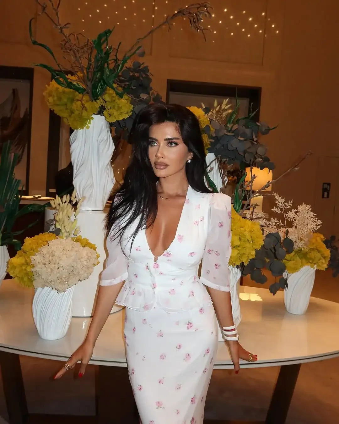 Women White Floral Print Maxi Dress V Neck Puff Sleeve Peplum Waist Fishtail Hem Chiffon Robe Elegant Party Wedding Guest Gown
