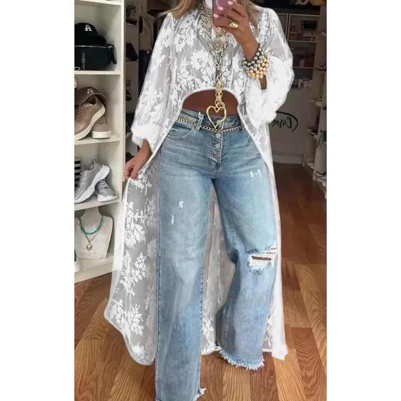 Blusa feminina nova moda 2025 com renda floral e gola alta, manga bufante, frente vazada, curta e longa