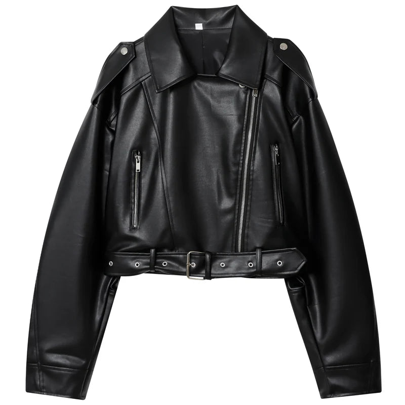 HXAO Black Pu Leather Jacket Women's Jacket Autumn 2025 Crop Asymmetric Zip Coat Long Sleeve Outerwears Chic Motorcyclist Jacket