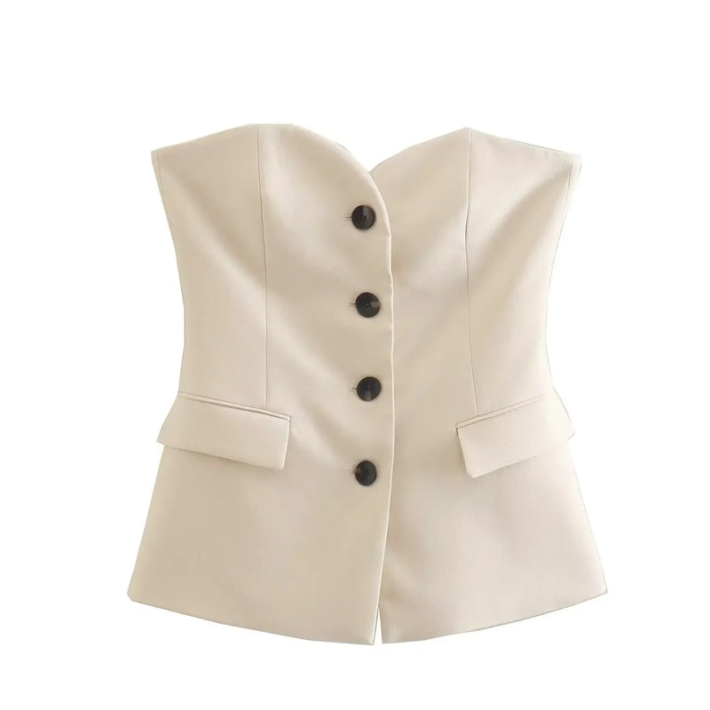 Sutiã elegante e moderno, sem alças, com abotoamento simples e cintura ajustada,  poliéster
