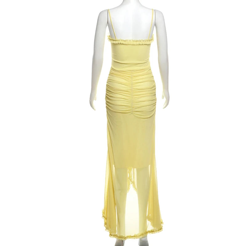DGLUKE Spaghetti Strap Mesh Long Dress Women Ruched Bodycon Asymmetrical Ruffle Maxi Dress Elegant Ball Gown Dress 2025