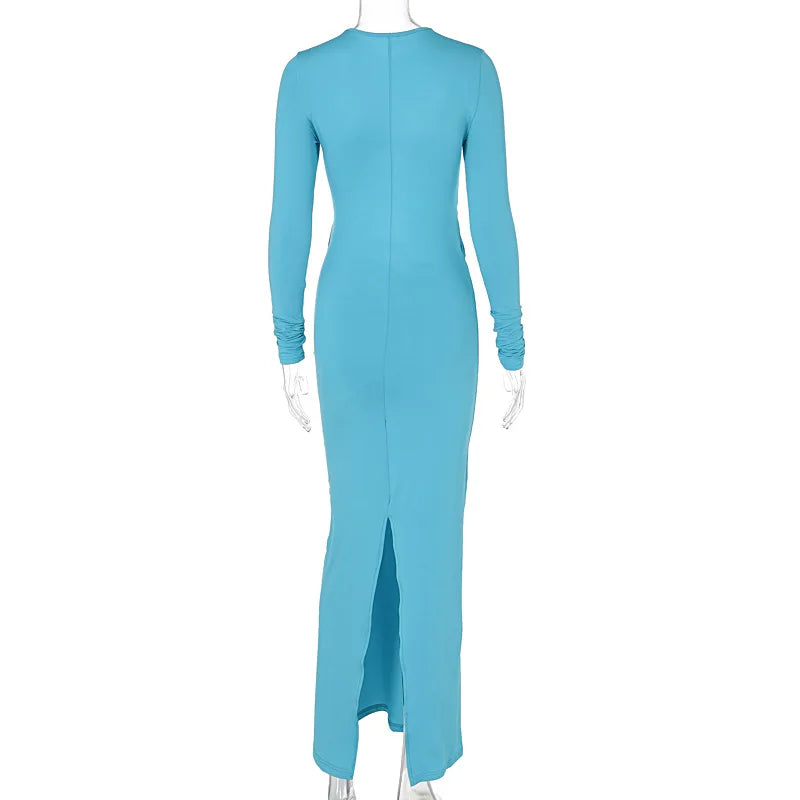 DGLUKE Sexy Cut Out Long Dresses For Women O-Neck Long Sleeve Bodycon Maxi Dress Elegant Going Out Party Dress Black