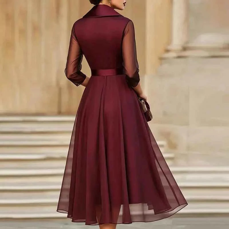 Women's Notched Collar Satin Workwear Dresses Spring Solid Tie-up Bow Mesh Long Dress New Summer Sheer Sleeve A-Line Party Dress