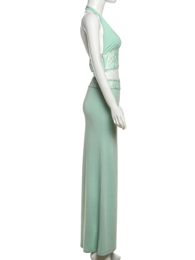 kliou Lace Patchwork Women 2 Piece Set Halter Fashion Backless Sheer V-neck Tanks+Trim Matching Long Skirts Mujer Elegant Suits