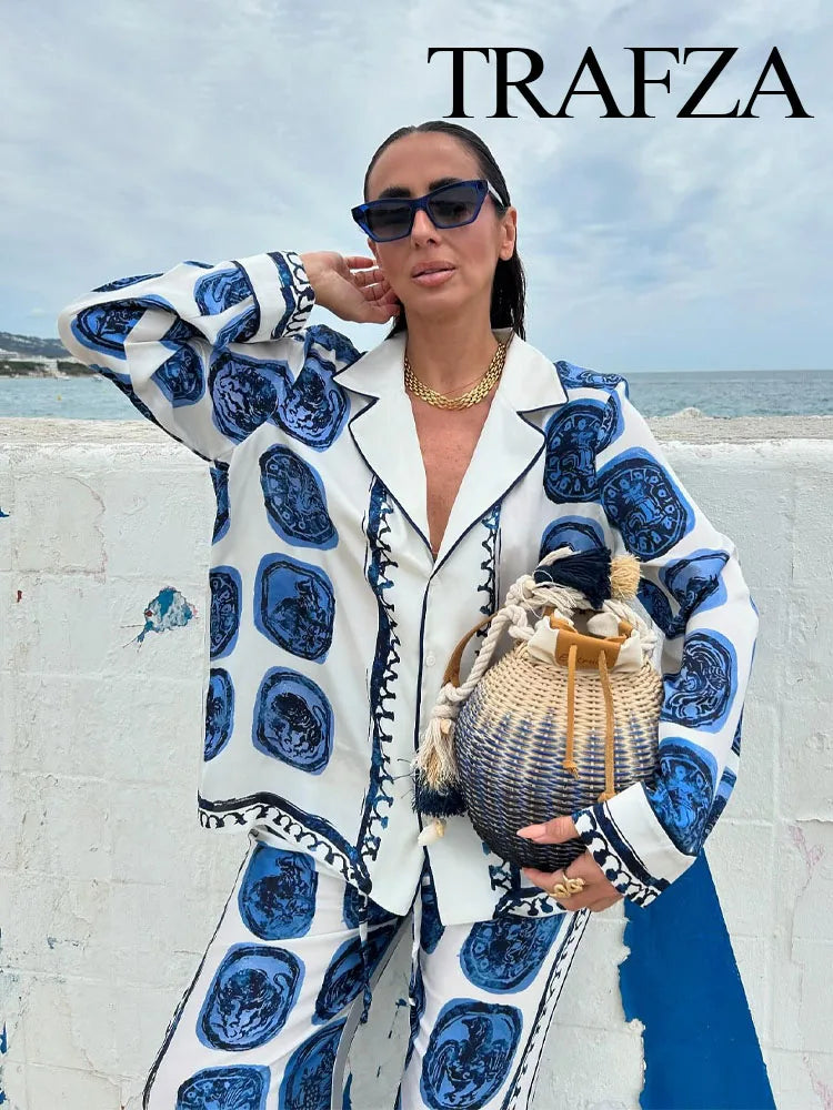 TRAFZA Women 2 Piece Set Chic Printed Lapel Single-Breasted Long Sleeve Loose Top+Summer Woman Casual Drawstring Wide Leg Pants
