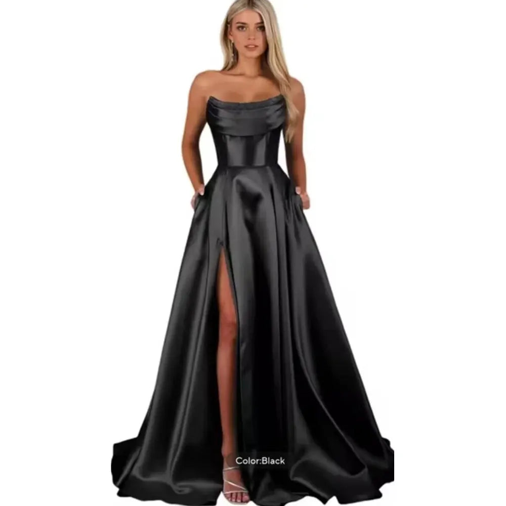 Vestido de Festa em Cetim com Bolsos, Tomara Que Caia e Modelagem Evasê
