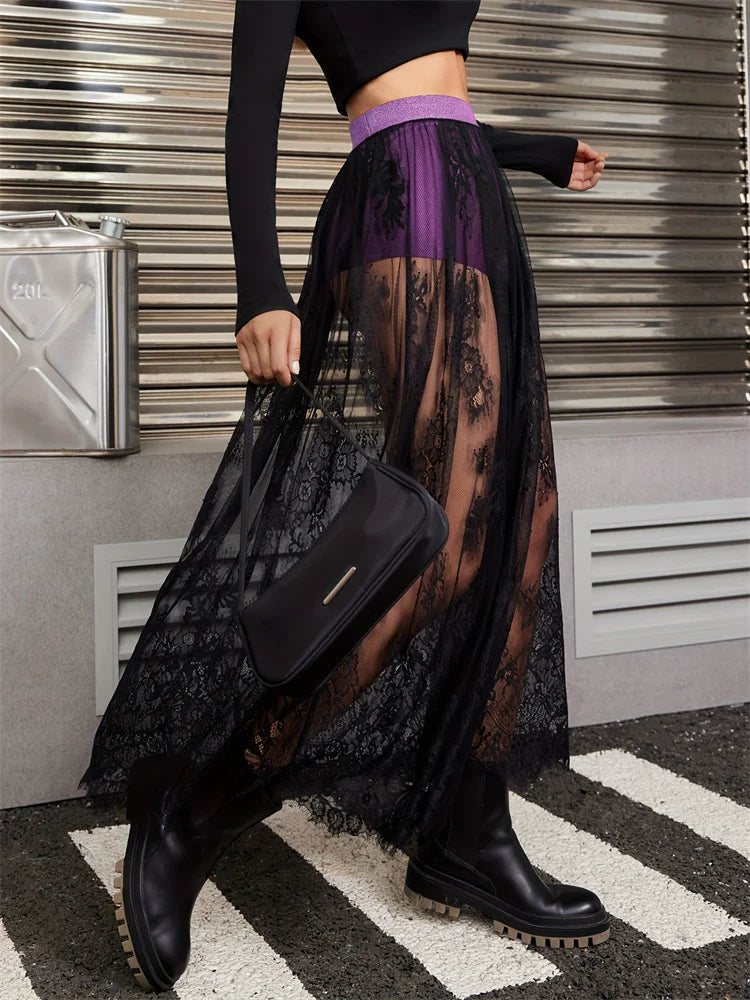 Elegant Party Evening Sexy Dress Lace Dresses for Women 2024 See Through Maxi Dress Bodycon Gothic Lolita Fashion Black Skirt