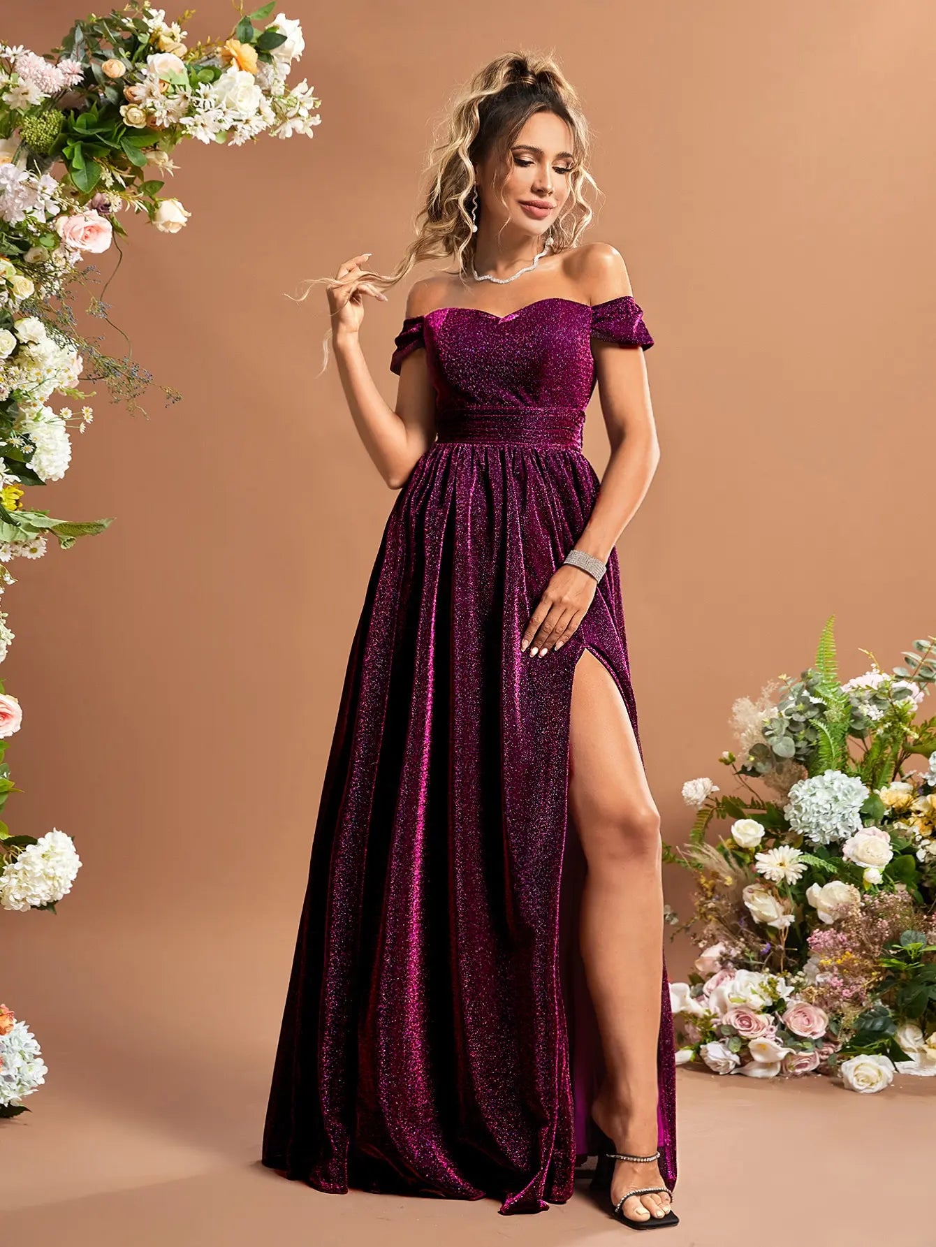 Off Shoulder Split Thigh Glitter Dress