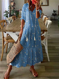 Women's 2024 Spring Summer New Casual Sweet Loose Sexy V-neck Fashion Printed Hanging Beard Middle Sleeve Long Dress For Women