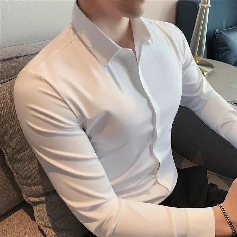 Camisa masculina premium ultraelástica - Camisa formal de manga comprida de seda de alta qualidade para uso social e casual
