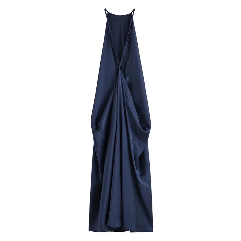 Elegant Satin Halter Backless Maxi Dress Women Loose Pleated O-neck Sleeveless Party Dresses 2026 Summer Lady Chic Holiday Robes
