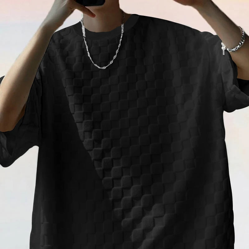 Conjunto de shorts casuais de perna reta e tamanho grande, camiseta xadrez jacquard de manga curta para homens, verão 2025