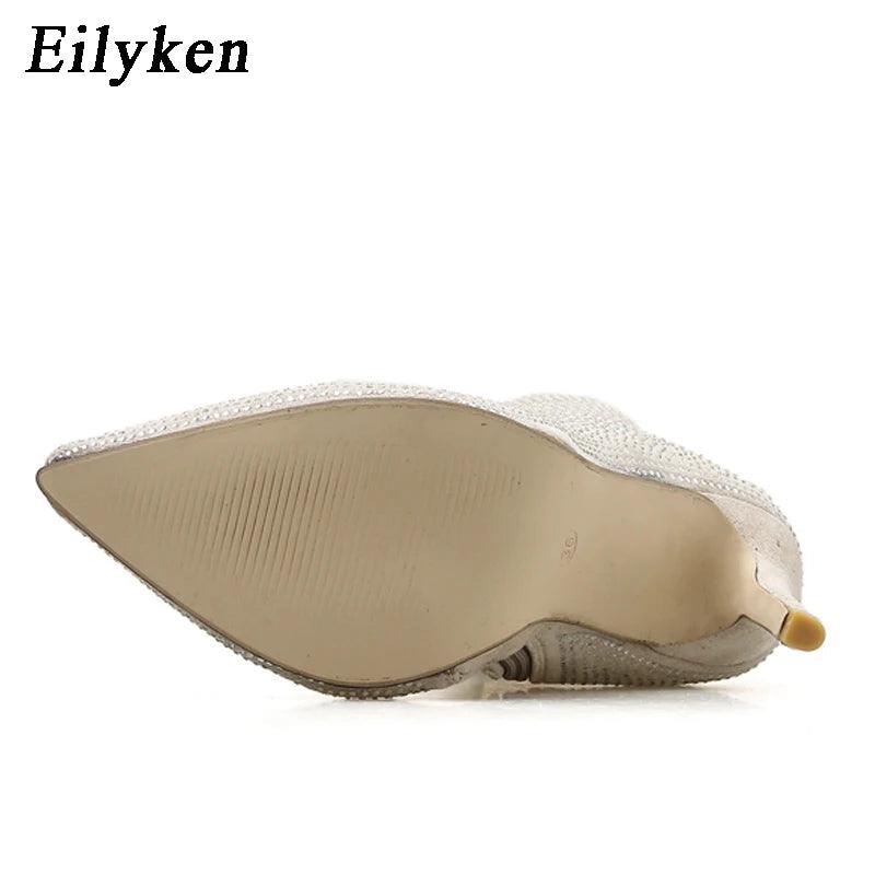 Eilyken Crystal Rhinestones Woman Ankle Boots Zipper Pointed Toe High Heels Sexy Modern Booties For Females Shoes - CRAVO ROSE