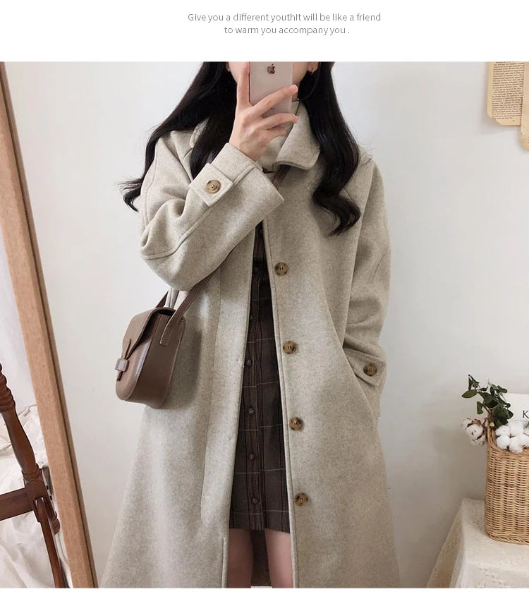 Autumn Winter Korean Style Loose Woolen Coat 2025 Slimming Knee-Length Tweed Women's Mid-Length Elegant Outerwear