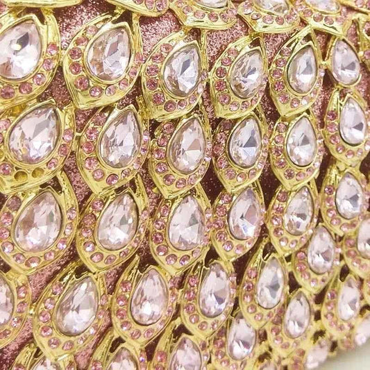 Boutique De FGG Pink Crystal Rhinestone Clutch Handbag Women Metal Minaudiere Top Handle Tote Purse Wedding Party Evening Bag