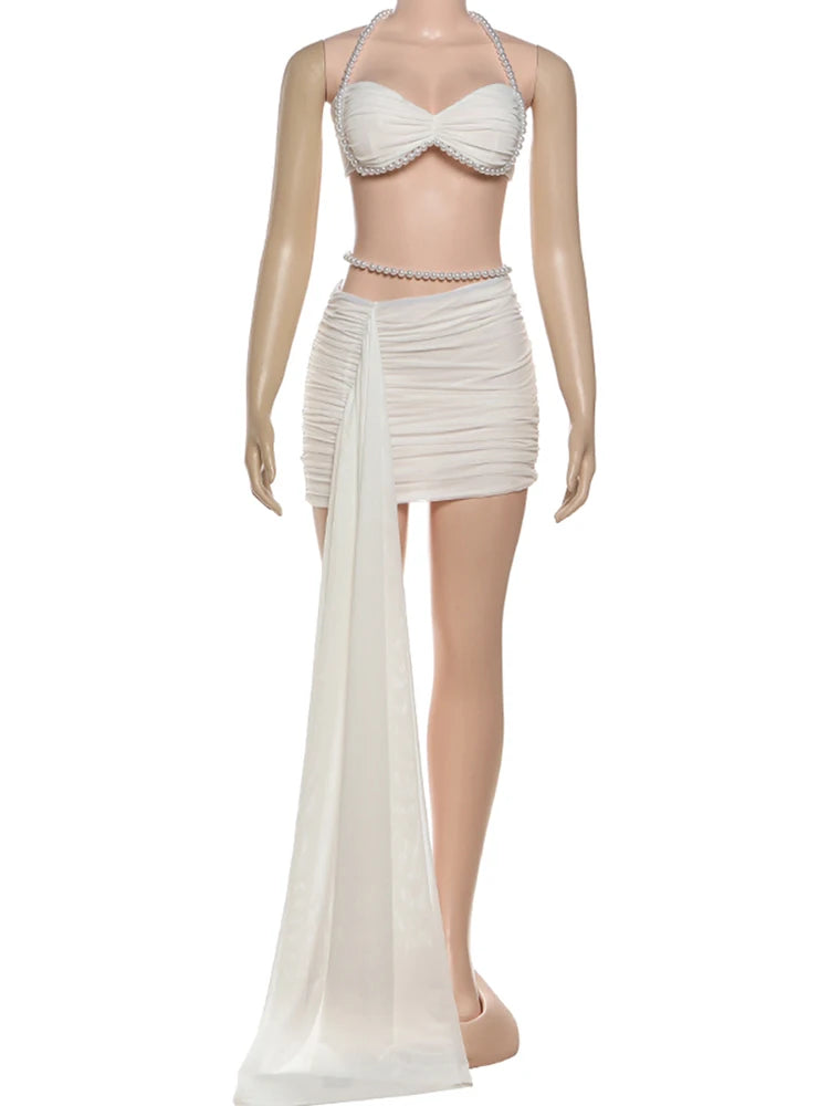 Weird Puss Elegant Bead Halter 2 Piece Set Women Sexy Ruched Mesh Backless Sleeveless Bra Vest+Ribbon Skirts Vacation Party Suit