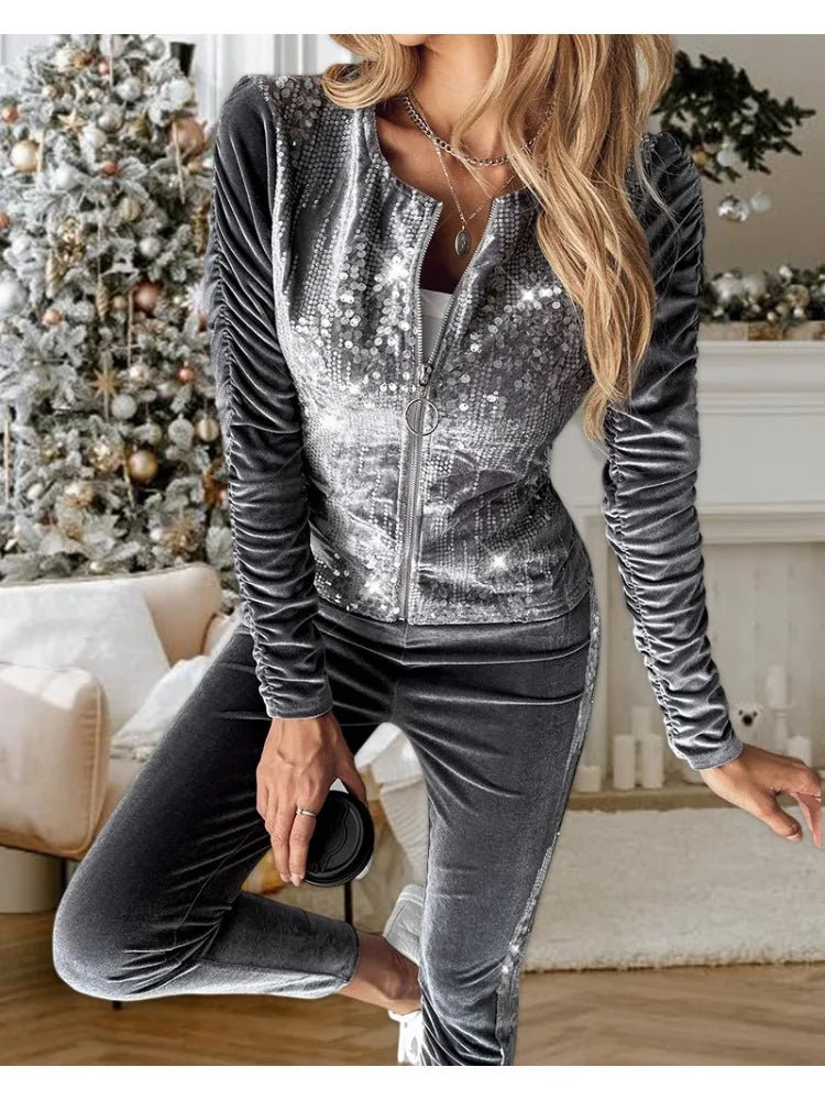 Autumn Winter Velvet Sets for Women 2 Pieces Suits Female Clothing Casual Contrast Sequin Zipper Design Coat & Pants Set Tracksu