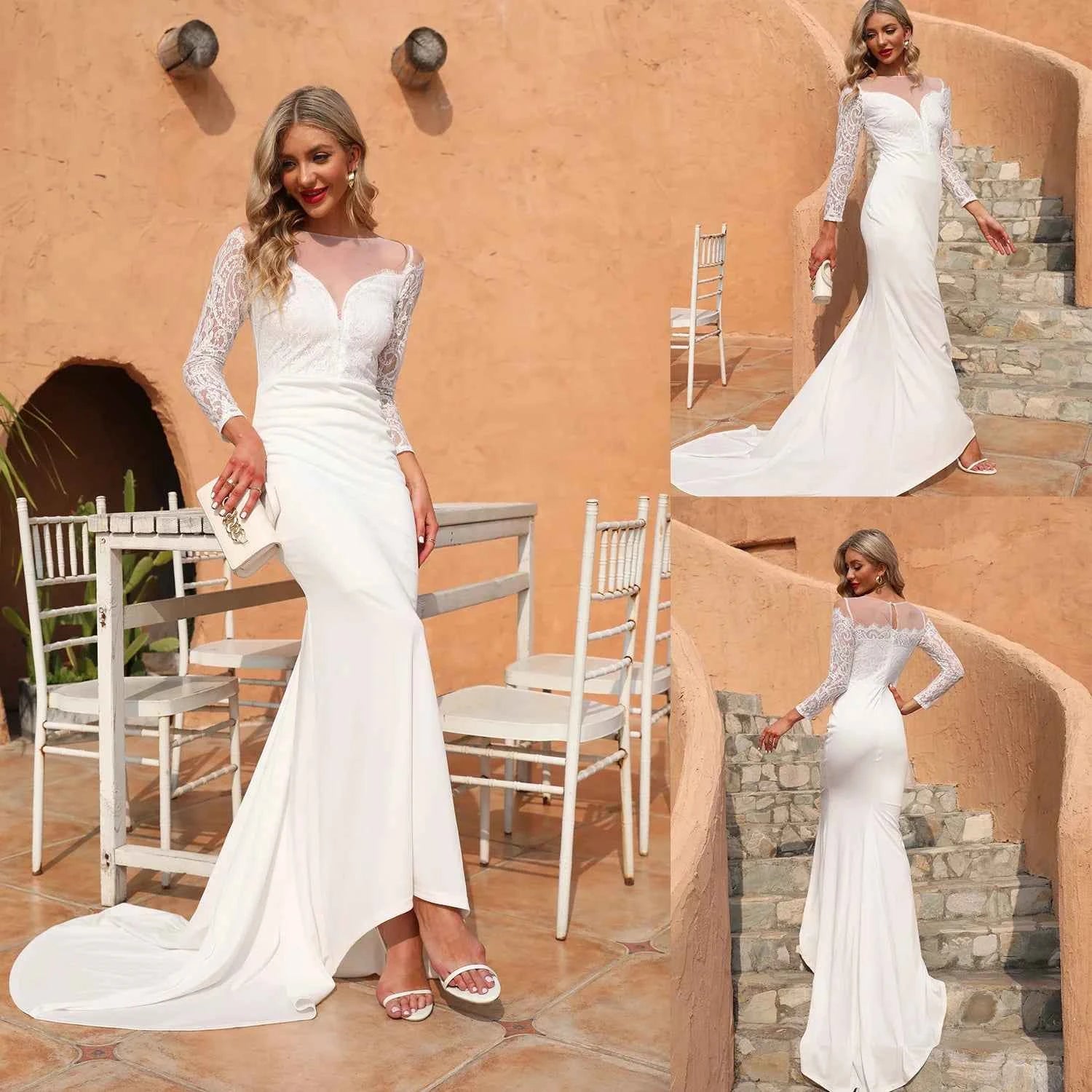White See Through Flower Lace Evening Dress Socialite Temperament Sexy Deep V-neck Long Slit Fishtail Dresses Party Prom Vestido