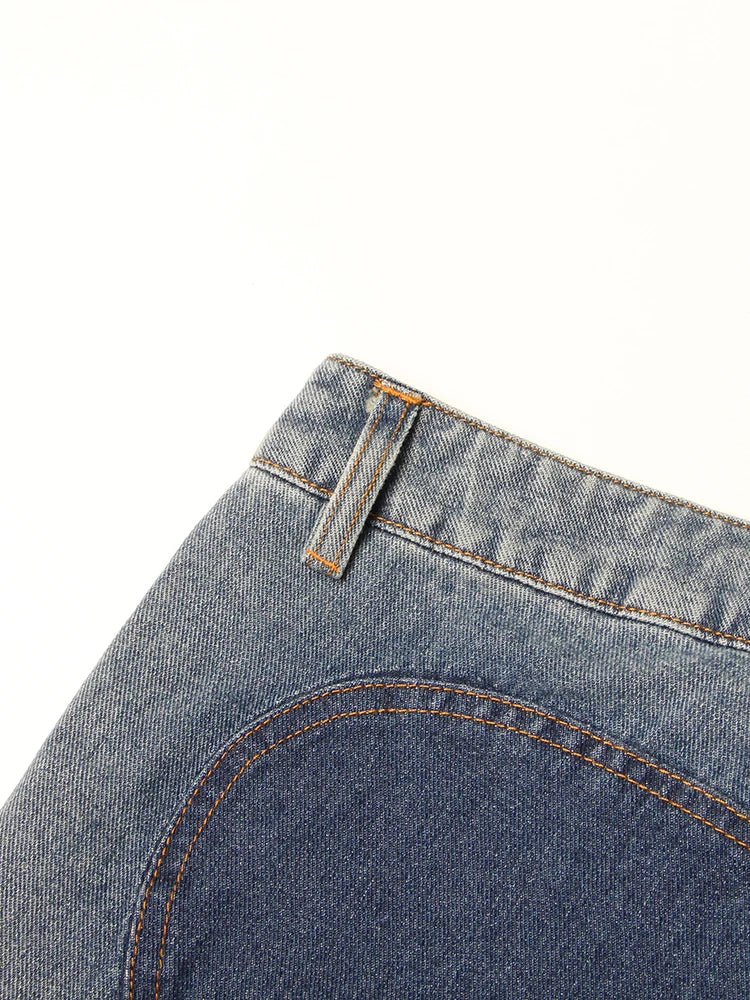 TWOTWINSTYLE Calça jeans feminina com zíper e patchwork, cintura alta, vazada, casual, perna larga, roupa feminina, nova moda