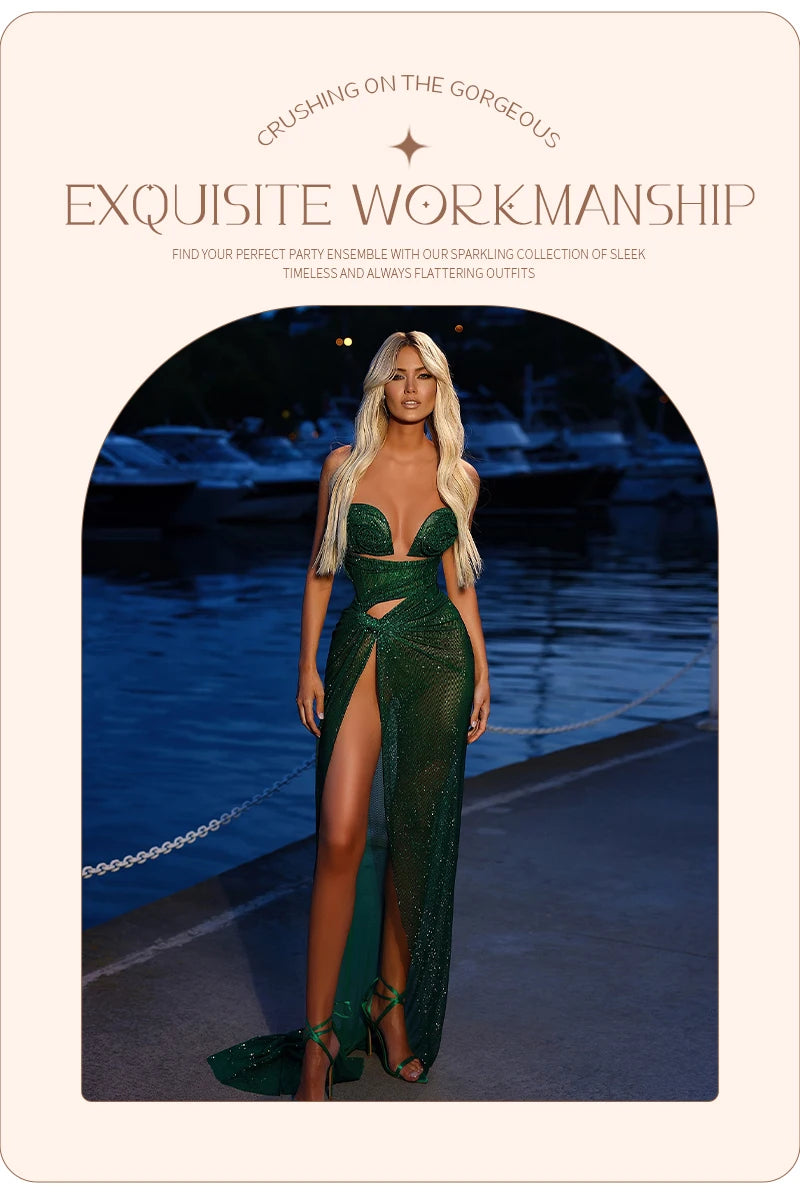 VC Glamorous Strapless Green Sequin Maxi Dress with Corset Style Bodice and Slit Party Evening Gown
