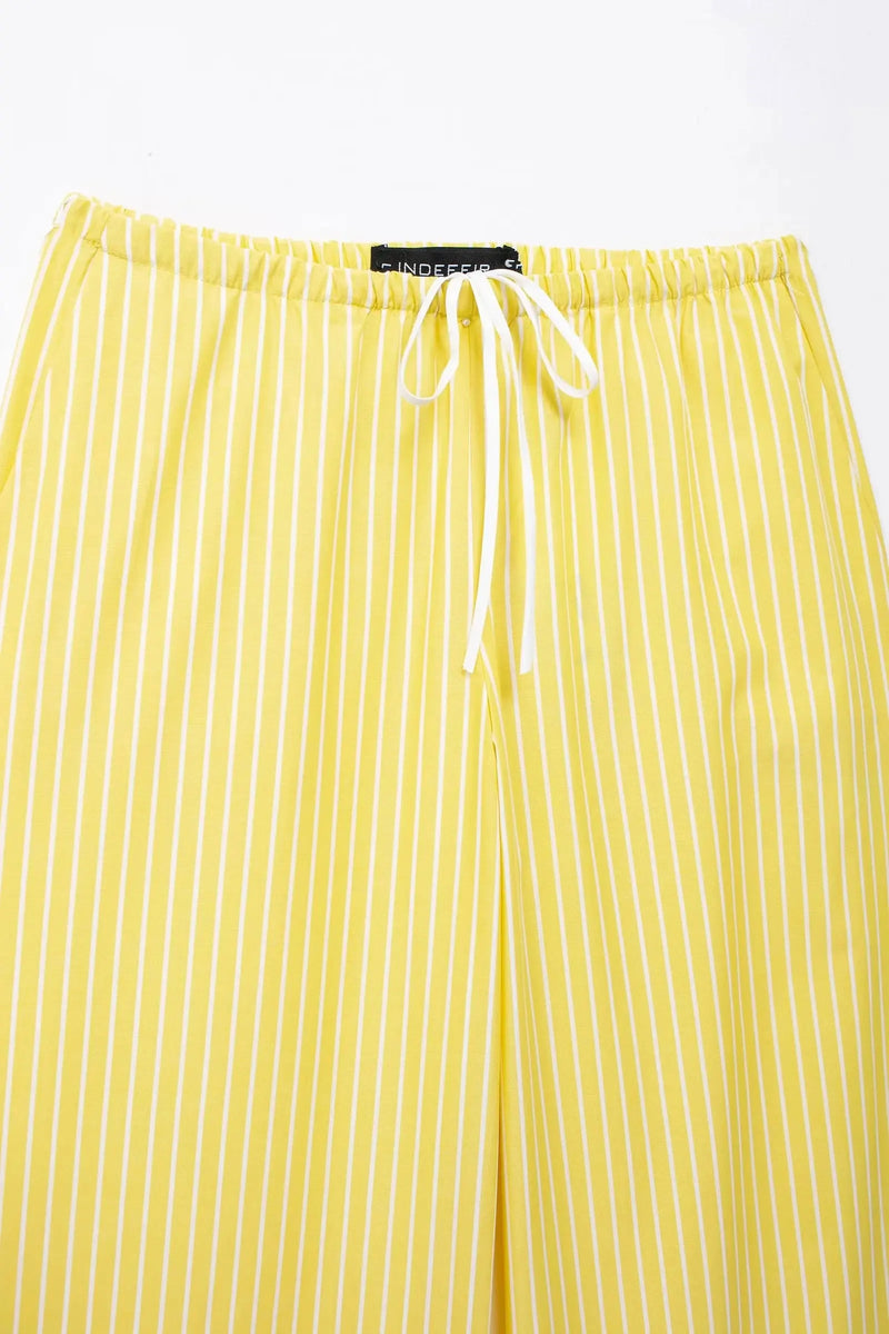TRAFZA Blusa Listrada Amarela Feminina Calça Terno Camisa Solta Manga Longa Calças com Cordão