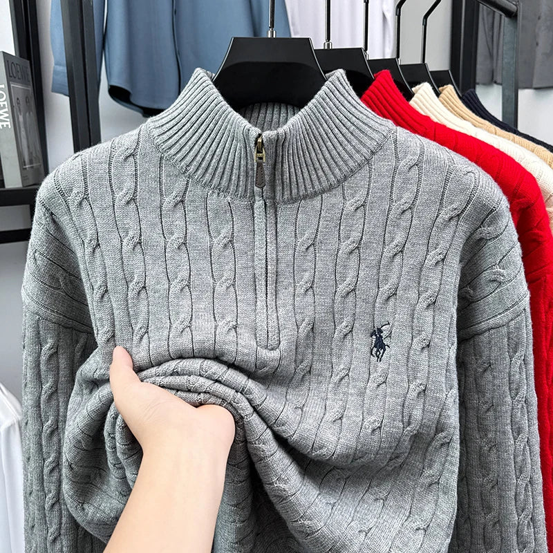 Heshi Brand Fashion American 2025 Vintage Stand Collar Zipper Embroidery Sweater Fried Dough Twists 3D Autumn Winter Knitwear