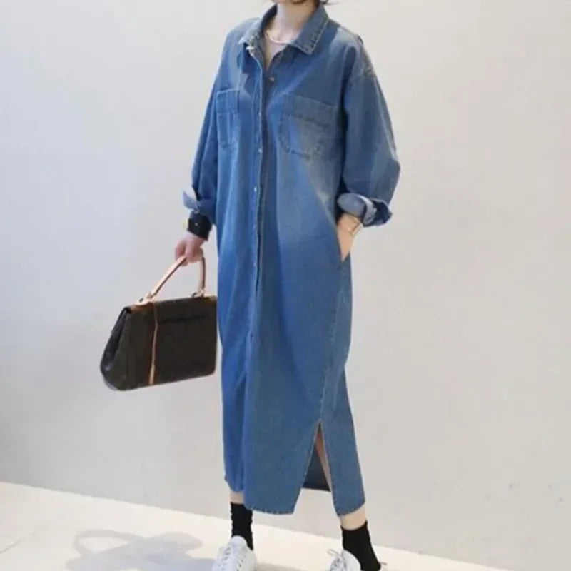 New Spring Denim Dress Women Clothing Loose Long Sleeve Shirt Dress Female Vintage Single-breasted Maxi Denim Dresses Q5664
