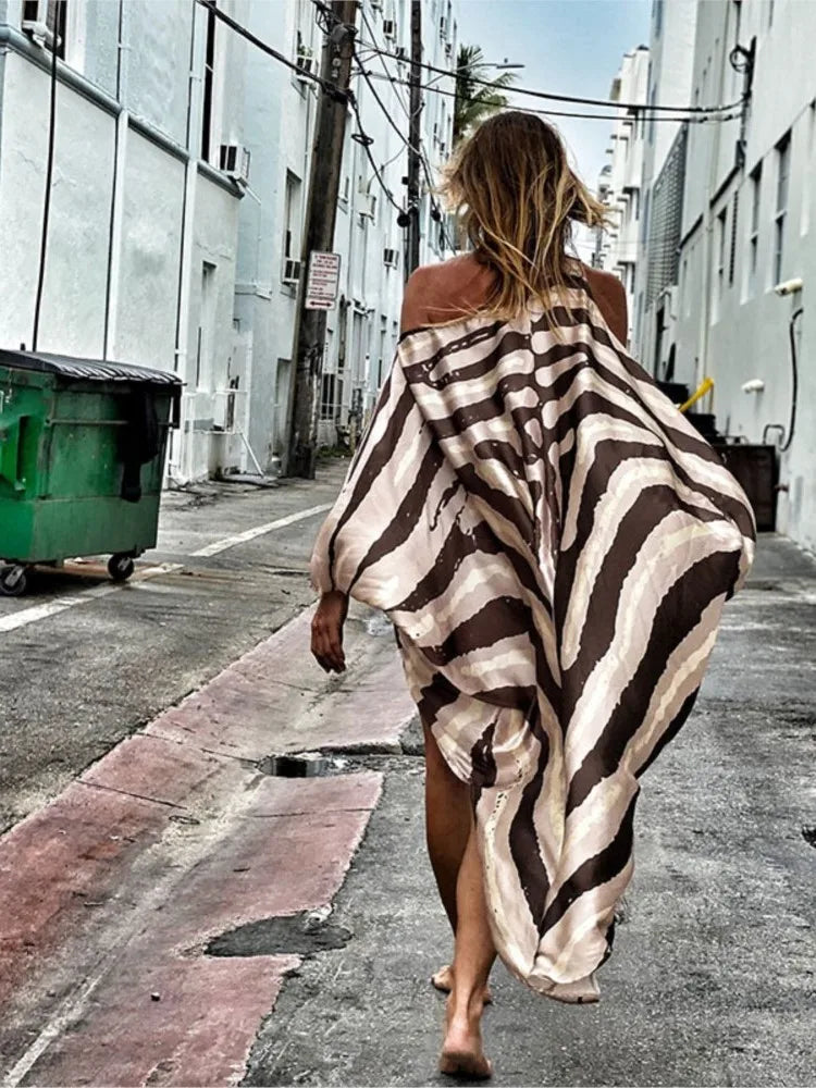 Printed Dresses Women 2025 Summer New Sloping Shoulders Loose Casual Beach Vacation Irregular Dress Fashion Beachwear Vestidos