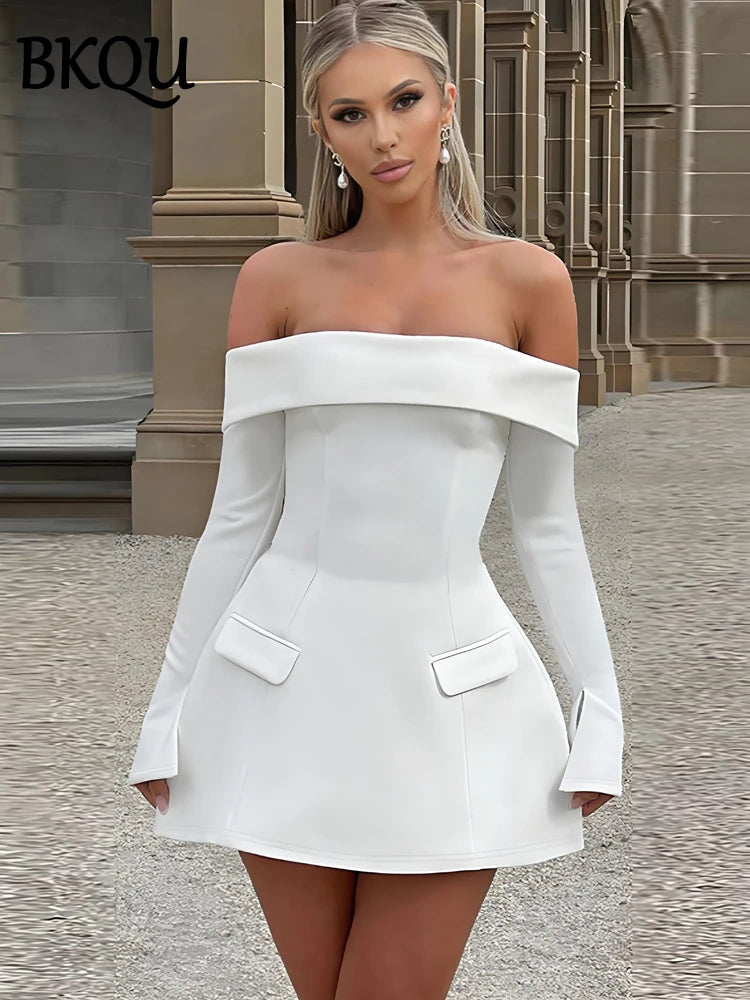 BKQU Elegant Solid Backless Mini Dress Women High Waist Fashion Long Sleeve Slim A-line Dresses 2024 Autumn Party Evening Dress