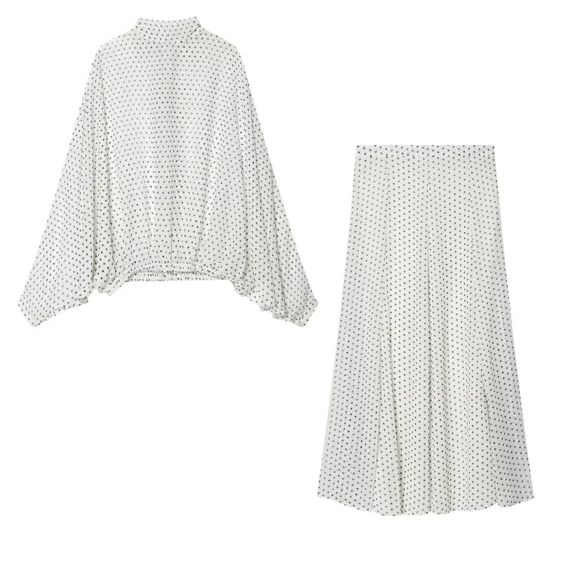 ETJ Women's Polka Dot Blouse Skirt Set 2026 Spring High Neck Batwing Sleeve Sheer Front Tie Bow Midi A-Line Dress Set