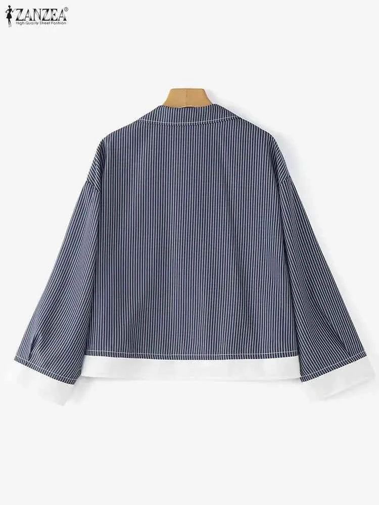 Women Korean Shirts 2025 ZANZEA Autumn Long Sleeve Striped Patchwork Blouse Fashion Tops Tunic Pockets Office Blusas Femininas