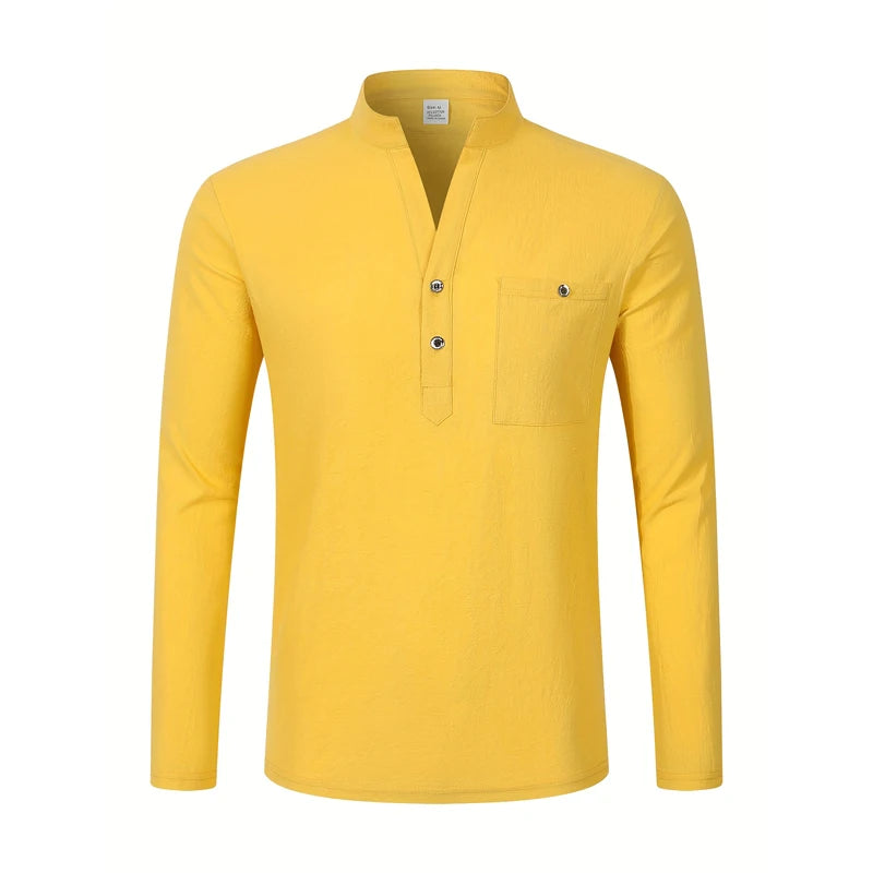 Men's Lightweight Shirts Long Sleeve Henley Cotton Linen Shirts for Male Beach Hawaiian V-neck Top Breathable Polo Shirts top
