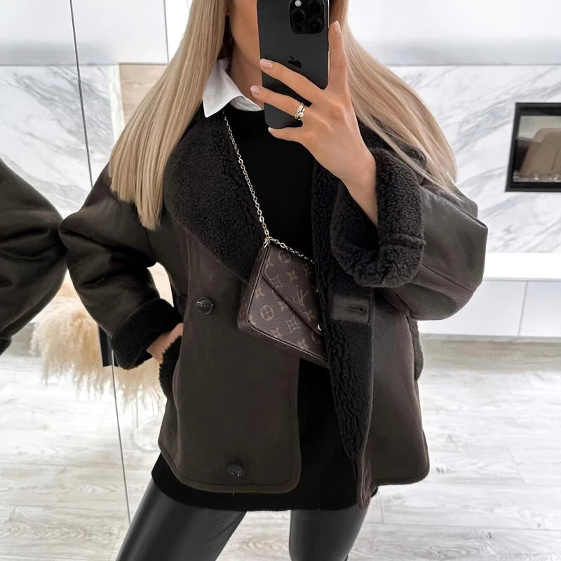 HXAO Faux Leather Jacket Winter Coat Female Button Long Sleeve Brown Jacket Demi-Season Faux Wool Coats And Mixtures Jacket