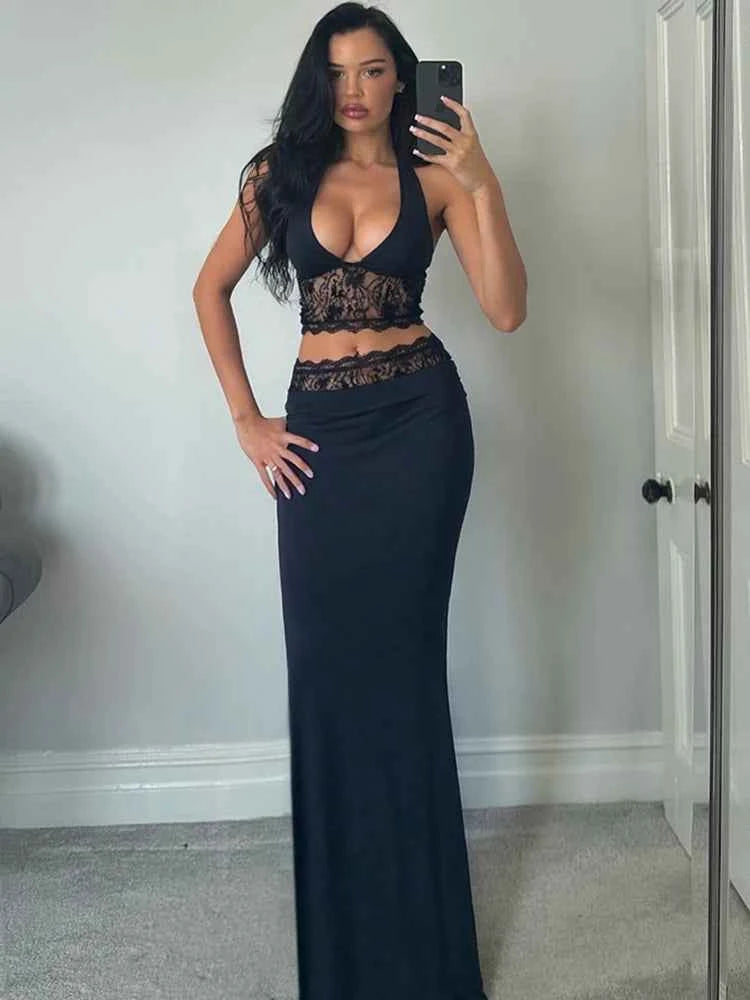 kliou Lace Patchwork Women 2 Piece Set Halter Fashion Backless Sheer V-neck Tanks+Trim Matching Long Skirts Mujer Elegant Suits