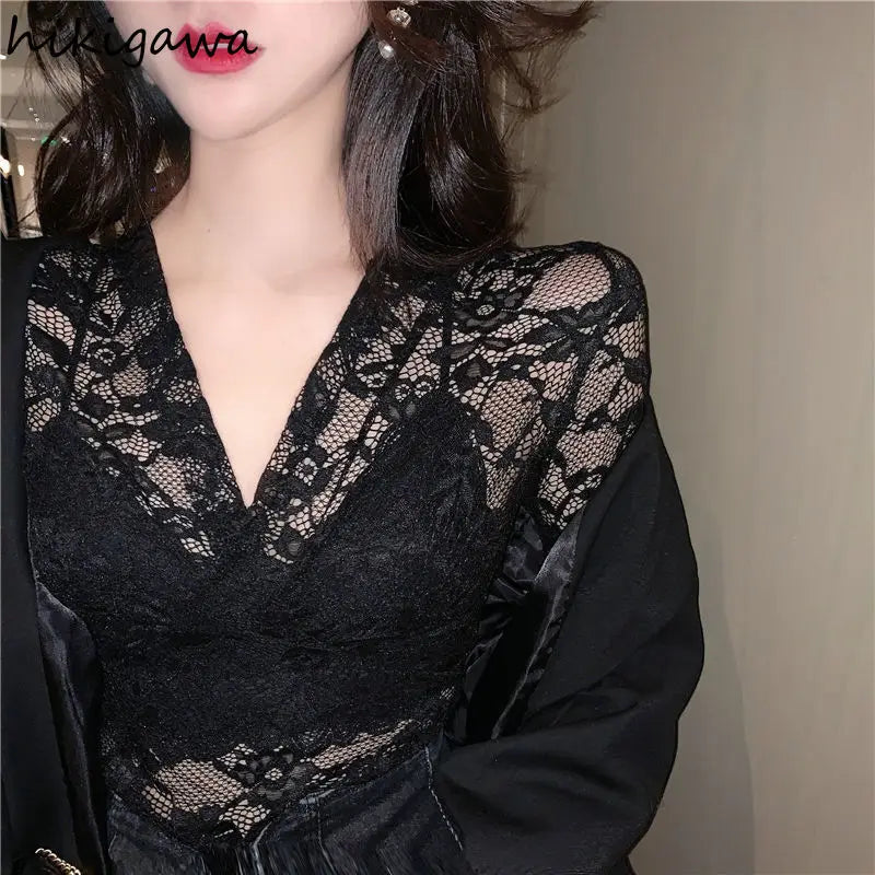 Blusa de gaze sexy feminina, roupas , blusas femininas da moda, túnica de manga comprida, renda vazada, tops curtos transparentes, camisas