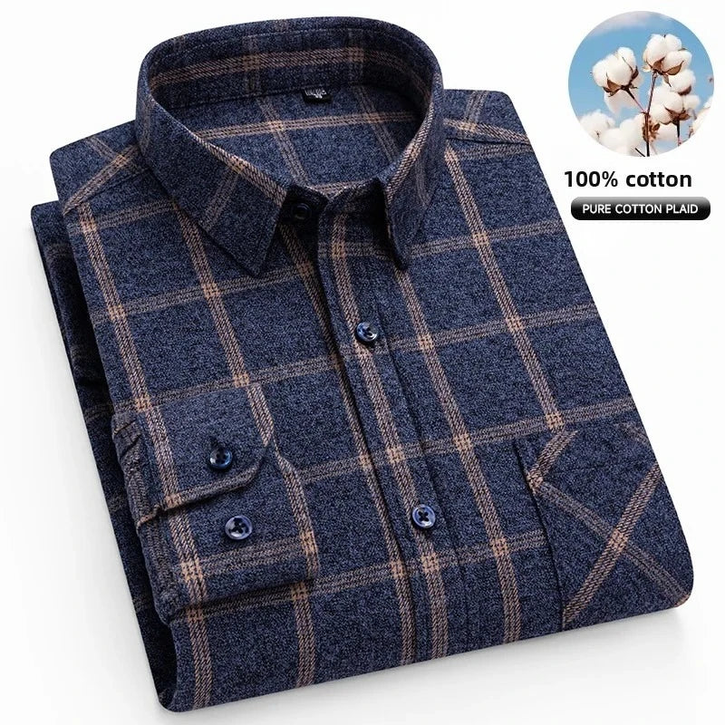 Pure Cotton Men's Plaid Shirt Long Sleeve Regular Fit Men Casual Oversized Shirt Leisure Autumn Male Clothes New Plus Size
