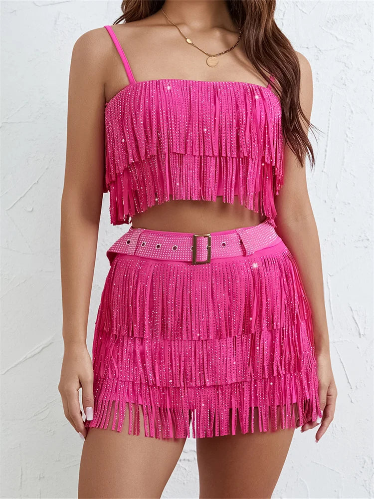 Two Piece Sets Women Summer Punk Club Sexy Skirt Sets Sleeveless Sequin Tassel Camis Top + Mini Skirts with Belt Female 2Pcs Set