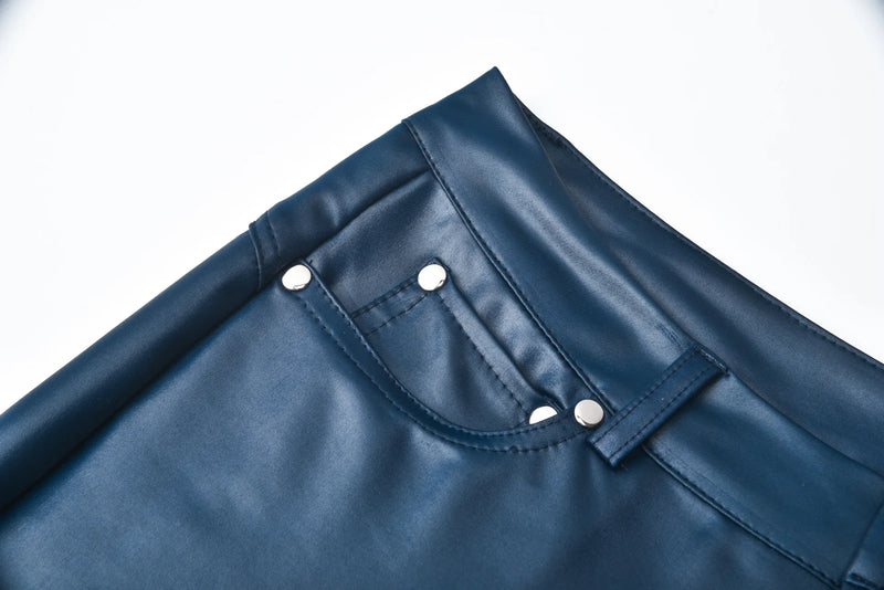 Calças de couro sintético, leggings femininas casuais elásticas e sensuais, couro sintético sólido, calças lápis justas