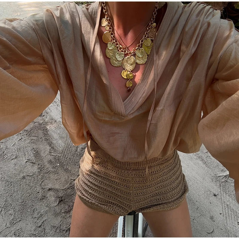 Camisa feminina elegante e solta, com cadarço, gola redonda, manga lanterna, camiseta feminina, primavera/verão 2025, moda urbana, tops femininos emendados