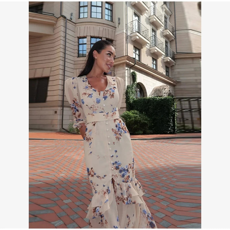 Women White Floral Print Maxi Dress V Neck Puff Sleeve Peplum Waist Fishtail Hem Chiffon Robe Elegant Party Wedding Guest Gown
