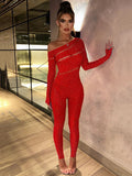 Sibybo Macacão feminino de manga comprida com ombro de fora e strass, moda verão, sexy, brilhante, festa